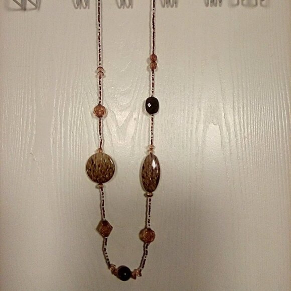 Beautiful Unique Long Beaded Necklace Neutral Colors 39" long - Picture 1 of 16